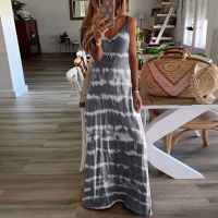 Bohemian Striped Printing Maxi Dresses For Women 2023 Large Swing Vintage High Waist Casual Sleeveless Party Long Dress