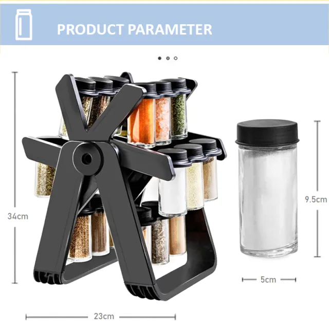 18 IN 1 Rotating Spice Tower Rack Glass Bottle Organiser Salt Storage Jar Condiment Canister Kitchen Tools