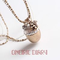 ONEIRIC DIARY Handmade Squirrel Shape Pendant Acorn Zircon Necklace Sweater Chain Womens Vintage Elegant Jewelry