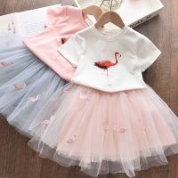 Girls Clothes Set Ruffles Solid Color T Shirt Printed Striped Princess Tutu Skirt Kids Summer Sleeveless Cute Children Suits