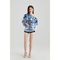 Elegant Lady off-Shoulder Long-Sleeved Top High Waist Print Shorts Printed Two-Piece Suit