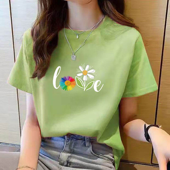 เสื้อยาวสีขาวสำหรับผู้หญิงคอกลมแขนสั้นพิมพ์ลายเสื้อทรงหลวมสำหรับฤดูร้อน