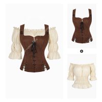 Pirate Costume Women Viking Vest Cosplay Plus Size Medieval Blouse Tops 2 Pieces Sets Renaissance Vest Brown Black Blue