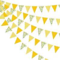 Yellow Plaid Floral Lemon Banner Bunting Hanging Paper Triangle Garlands Streamers Bridal Baby Shower Lemon Birthday Party Decor