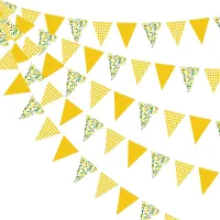 Yellow Plaid Floral Lemon Banner Bunting Hanging Paper Triangle Garlands Streamers Bridal Baby Shower Lemon Birthday Party Decor