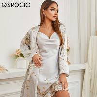 QSROCIO สตรีชุดนอนเสื้อคลุมชุดผ้าไหมเช่น Homewear ลึกคอ V สลิงชุดหรูหราดอกไม้พิมพ์เสื้อคลุมอาบน้ำ2ชิ้นบ้านเสื้อผ้า F Emme