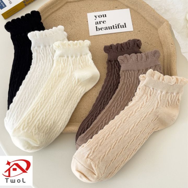 TwoL Women Cotton Sweet White Frilly Socks School Low Cut Socks 1pair ...