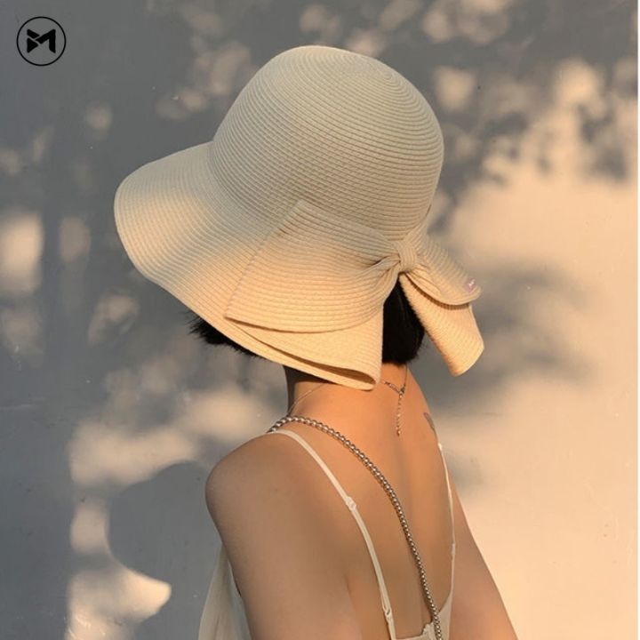 american-and-european-large-brim-lafite-grass-fisherman-hat-female-uv-resistant-bow-beach-raffia-material-straw-hat