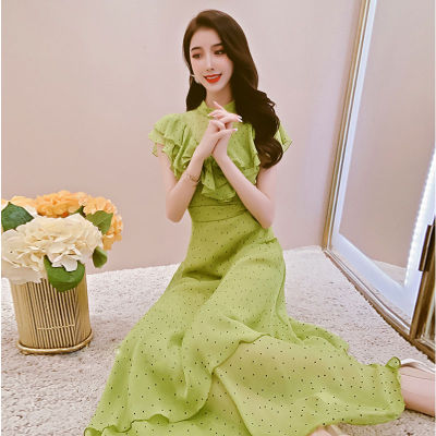 เดรสชีฟองสีเขียว2023ใหม่สำหรับผู้หญิงชุดเดรสชุดเดรสมีจุดลายจุดสไตล์เกาหลีฤดูร้อน