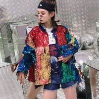 Hip Hop Plus Rainbow Coloured Ripped Stand Collar Denim Jackets Women Heavy Industry Sequins Street Coat Пальто с пайетками