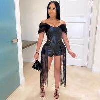 BKLD 2 Piece Outfits For Women Summer 2022 New Black PU Faux Leather Off The Shoulder Crop Top Tassel Shorts Sets For Women