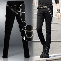 Idopy ขายร้อนผู้ชายเกาหลี Designer สีดำ Slim Fit กางเกงยีนส์ Punk Cool Super Skinny กางเกงโซ่สำหรับผู้ชาย