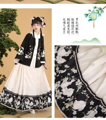 2023 Hanfu 3PCS ชุดราชวงศ์หมิงแบบดั้งเดิมปักสแควร์คอกระต่ายปักด้านบนม้าใบหน้ากระโปรง Ma Mian กระโปรง...