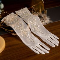 ♨ JaneVini Luxury Designer Beaded Sequin Bridal Gloves Women Lace Mesh Tulle 40cm Long Bride Wedding Gloves Handschuhe Elegant New