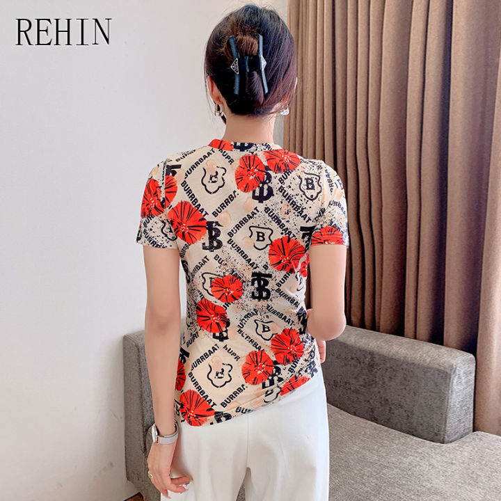 rehin-เสื้อยืดผู้หญิงเสื้อยืดแขนสั้นคอวีพิมพ์ลายไม่เหมือนใครแฟชั่นใหม่ฤดูร้อน