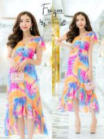 M20-107 Dress เดรสคอวีแต่งกระดุมน่า แขนระบายไหล่ 2 ข้าง แต่งระบายชาย