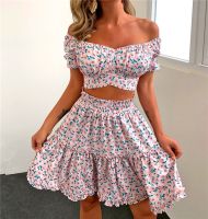 ◘ Women Summer Bohemian Floral Skirts Set Off Shoulder Short Sleeve Crop Tops A-line Skirt 2Pcs Sets Female Two Piece Set
