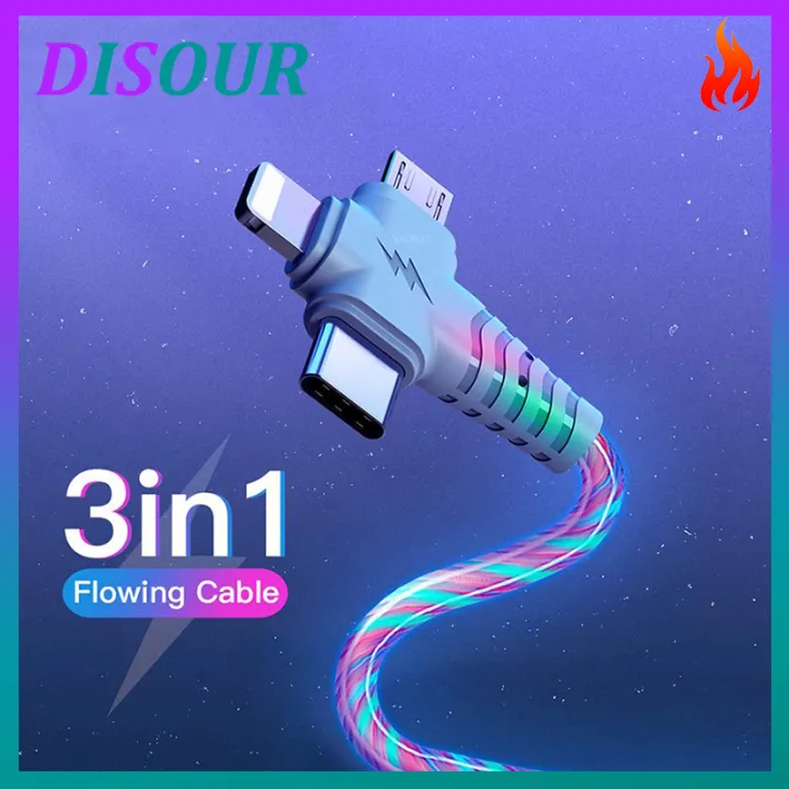 DISOUR 3 In 1 Flow Luminous Fast Charging Cable Type-C/Micro USB/Lightning 3in1 LED Glowing Charger Cable Wire For Xiaomi Redmi iPhone Samsung Huawei Oppo Vivo For IOS Android