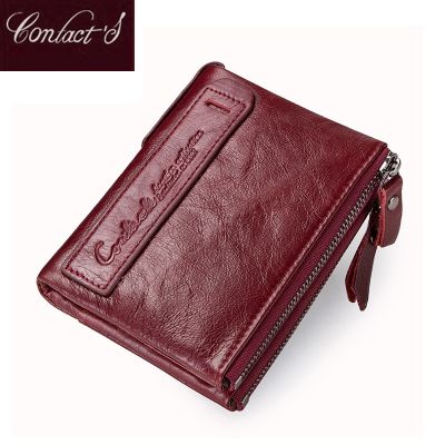 Fashion Genuine Leather Women Wallet Bi-fold Wallets Red ID Card Holder Coin Purse With Double Zipper Small Womens Purse 2022