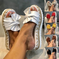 【CW】Women Bowknot Sandals 2022ฤดูร้อนสบายๆทุกวัน Comfy Slip On Platform รองเท้าแตะผู้หญิง Toe Breathabale สานรองเท้าแตะ