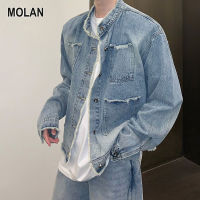 MOLAN เสื้อแจ็คเก็ตลำลองสั้นผู้ชายแจ็คเก็ตผ้าเดนิมวินเทจ