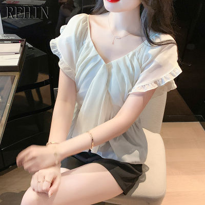 REHIN เสื้อสไตล์เกาหลีแบบใหม่คอวีสำหรับผู้หญิง,เสื้อแขนสั้นเสื้อชีฟองแบบพองฟูหูเสื้อคอวีสำหรับฤดูร้อน