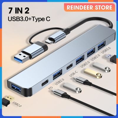 7in2 7พอร์ต2-In-1 USB 3.0ฮับชนิด-C อะแดปเตอร์ USB 2.0การส่งข้อมูลความเร็วสูงตัวขยาย USB หลายพอร์ตสำหรับพีซี Feona