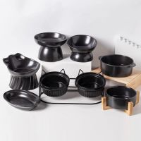 Cat Ceramic Bowl Pet Food Water Feeders Dogs Double Drinking Eating Feeding Bowls with Stand Black Pet Cat Bowls