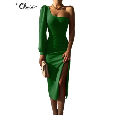 Celmia Women One Off Shoulder Long Dress Long Sleeve Split Evening Elegant Casual Slimming Midi Dress