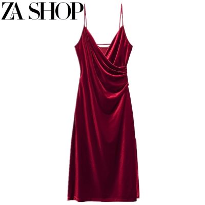 2023 Zaraขยายพันธุ์ Shop ฤดูหนาวมีจีบตกแต่งสลิงกำมะหยี่เดรสสีแดง02731356600หญิง