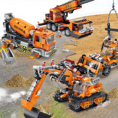 ✈ Cidade técnica escavadeira veículos de construção caminhão conjunto guindaste modelo blocos kit brinquedo miúdo tijolos terra broca moc empilhadeira