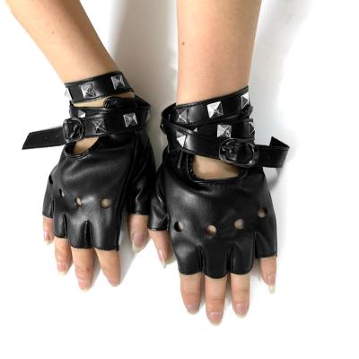 Women39; S Punk Leather Gloves Studded Metal Band Fingerless Gloves