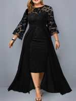 Plus Size Party Dresses for Wedding Guest Womens 2023 Spring Summer Long Sleeve Lace Floral See Through Elegant Bodycon Dress