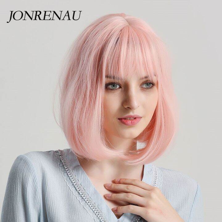 jonrenau-12นิ้ววิกผมมีหน้าม้าบ๊อบสังเคราะห์สั้นสั้นสำหรับผู้หญิงวิกผมงานเลี้ยงสีชมพูหรือคอสเพลย์