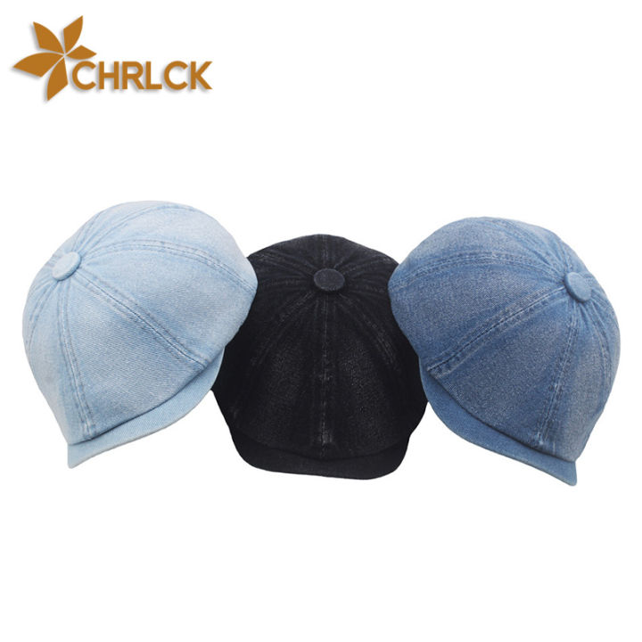 hotchrlck-berets-ผู้ชายผู้หญิงแบนหมวกหมวกล้างผ้าฝ้าย-denim-beret-หมวก-vintage-ศิลปินจิตรกร-beret-หมวก-unisex-แปดเหลี่ยม-newsboy-หมวก