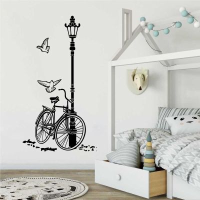 Modern Street Lamp Bicycle Bird Wall Decal Living Room Urban City Landscape Bike Light Nature Wall Sticker Bedroom Vinyl Decor