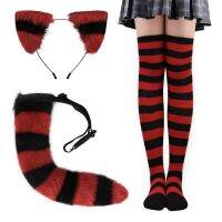 Cat-Costumes Set Cat-Ears Headband Striped Stockings Cat-Tail Halloween Props