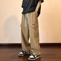 Mens Cotton Baggy Straight Cargo Pants Vintage Trousers Korean Style Casual Wide Leg Pants Fashion Trend Plain Loose Pants Japanese Harajuku Trendy Multi-pocket Khaki Long Pants