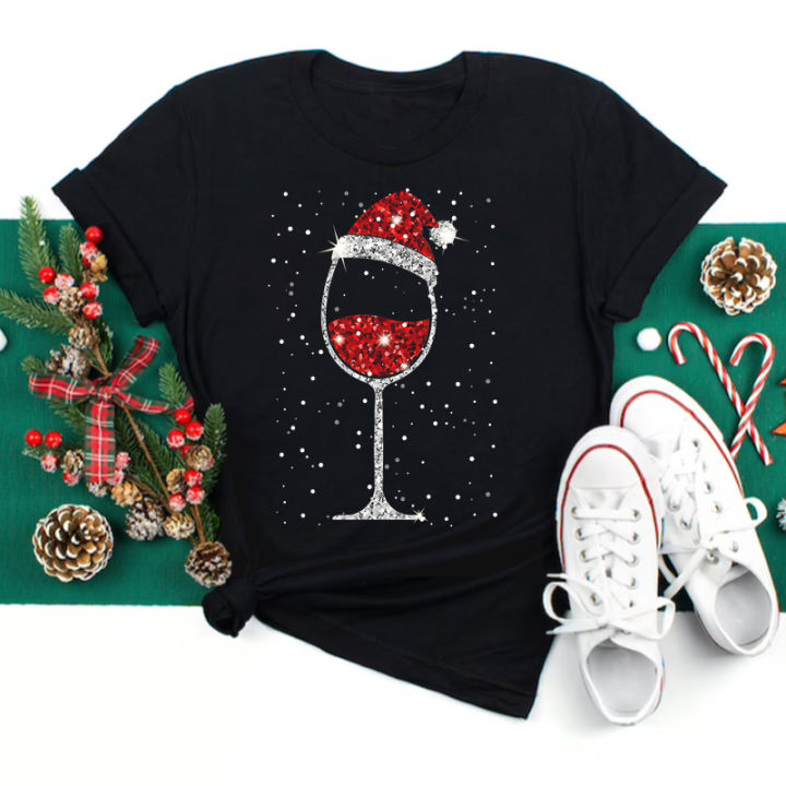 maycaur-ผู้หญิงแก้วไวน์หมวกคริสต์มาสสีดำ-t-เสื้อคริสต์มาส-xmas-ของขวัญการ์ตูน-top-balart-harajuku-แฟชั่นใหม่-year-เสื้อยืด