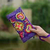 Dompet panjang wanita Vintage etnik bunga bordir koin dompet panjang koin pemegang kartu tas tangan harian standar panjang Walle