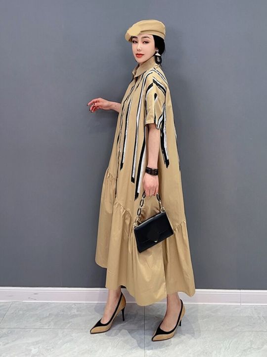 xitao-patchwork-casual-dress-woman-fashion-loose-turn-down-collar-short-sleeve-dress