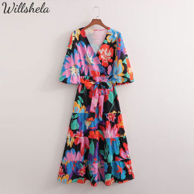 Willshela Women Fashion Printed Midi Dress Vintage V-Neck High Waist With Belt Short Lantern Sleeves Female Chic Lady Vintage Long Big Peplum Dress
