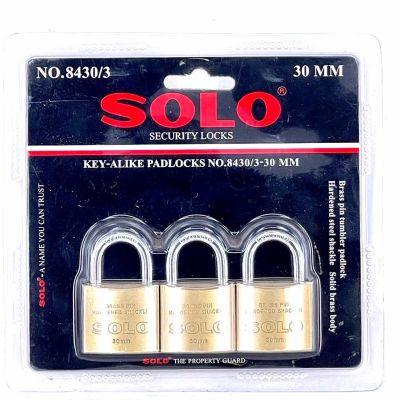 กุญแจSOLO แม่กุญแจ รุ่น No.8430/3-30แบบคล้องโซโล ชนิดห่วงสั้น สีทอง รุ่น No.8430/3-30 จำนวน1ชุด(แม่กุญแจ 3 อัน)