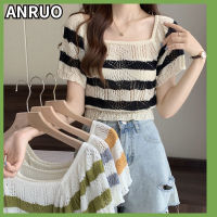 ANRUO เสื้อยืดแขนสั้นสำหรับผู้หญิง,เสื้อสเวตเตอร์แขนสั้นคอสี่เหลี่ยมลายทางสีตัดกันสำหรับฤดูร้อนใหม่เสื้อเอวลอยเก๋ไก๋และสวยงาม