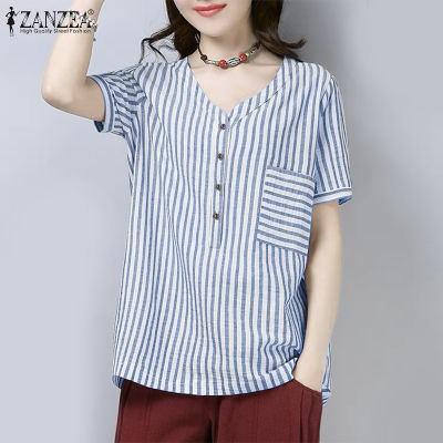 (สินค้ามาใหม่)(จัดส่งฟรี)Fancystyle ZANZEA เสื้อกระดุมวินเทจด้านหน้าของผู้หญิงหลวมพิมพ์ลายทางเสื้อคอวี #8
