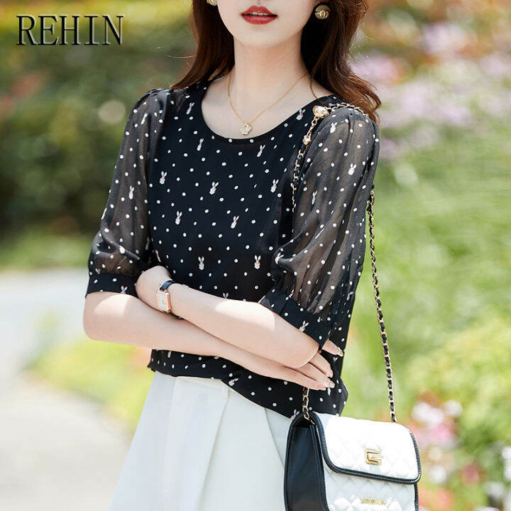 เสื้อแขนสั้นลายจุดสัตว์-rehin-ใหม่ฤดูร้อนเสื้อสตรีชีฟองแขนพองหลวม