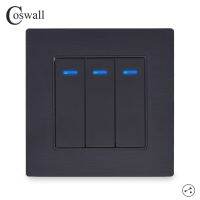 Coswall 3 Gang 2 Way On / Off Wall Light Switch LED Indicator Pass Through Switch Switched Knight Black Aluminum Metal Panel