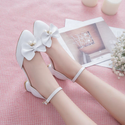 New style2022 ฤดูร้อนรองเท้าแตะเด็กผู้หญิงแสดงส้นสูงโบว์สไตล์ลำลองสีขาวสีชมพูเป่าโถวเจ้าหญิงเต้นรำ