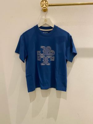 เสื้อยืดเสื้อคอคลมแขนสั้นผู้หญิงพิมพ์ลายโลโก้สีน้ำเงิน Tory Burch