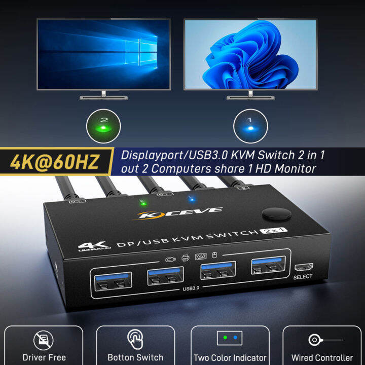 KeyNG USB 3.0 Dual Monitor KVM Switch Displayport HDMI 4K60Hz HDMI DP